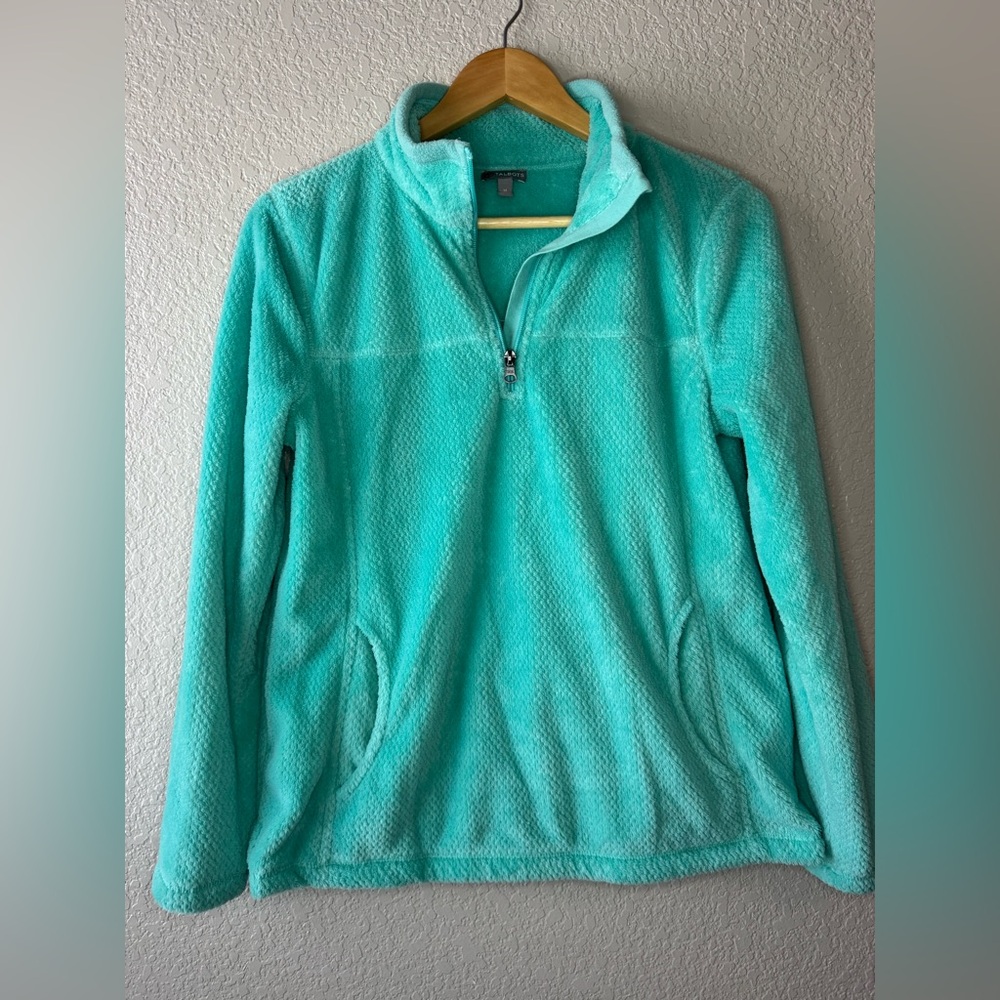 Talbots Aqua Teal Quarter Zip Fleece Pullover Medium Cozy Kangaroo Pocket - Picture 2 of 8